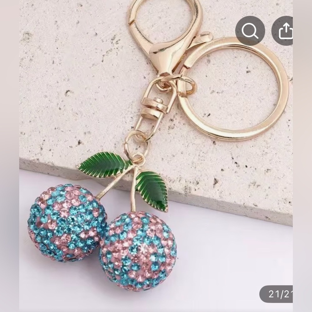Blue Cherry Keychain ~ Gold and Pink Accents and Green Leaves